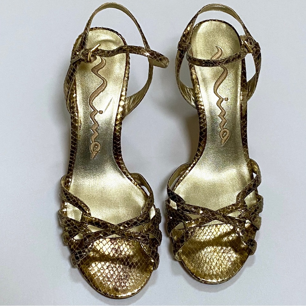 women’s 2” inch heal leather gold print sandals